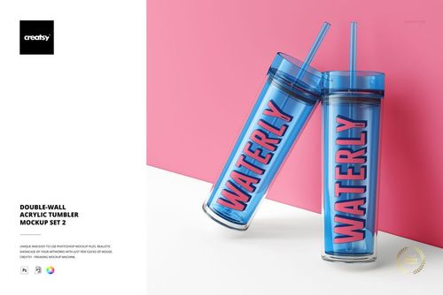 Double-wall acrylic tumbler mockup showing two clear drinkware items with blue details and large lettering in a studio setting.