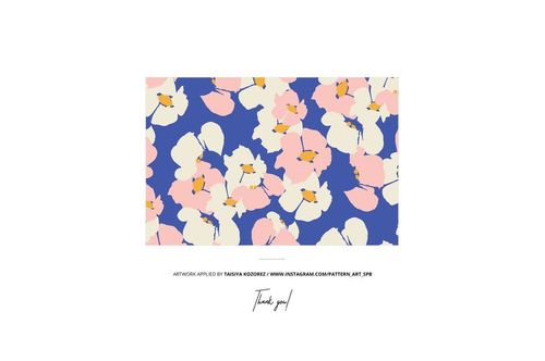 Rectangular cotton fabric mockup featuring a closeup of a floral pattern in cream, pink, and blue colors.