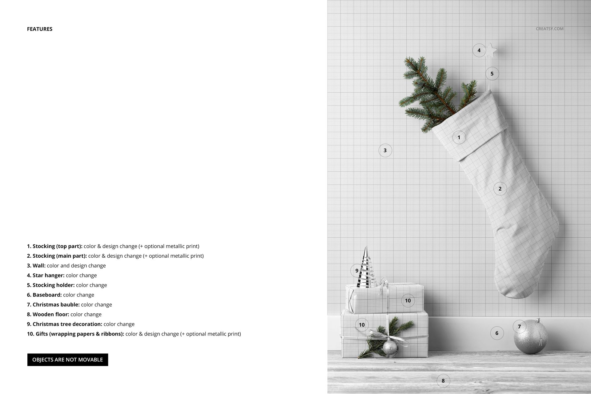 Front view of a Christmas stocking mockup hanging on a wall, decorated with spruce branches and surrounded by gifts.