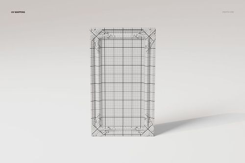 Front view of a detailed ornate poster frame 3D model with visible wireframe grid and decorative corners on a light background.