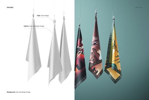 Hanging silks mockup showing three rectangular fabric pieces suspended from clips, with editable design options.