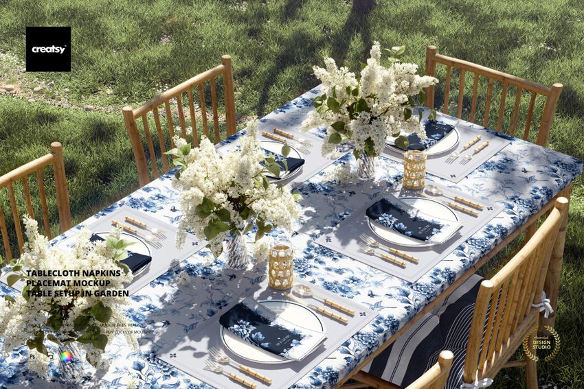 Tablecloth Napkins Placemat Mockup - Table Setup in Garden - mockup screenshot 1