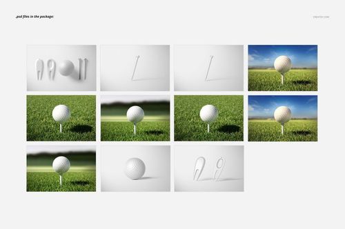 Set of golf balls and accessories mockup shown from various angles, including close-ups on grass and plain backgrounds.