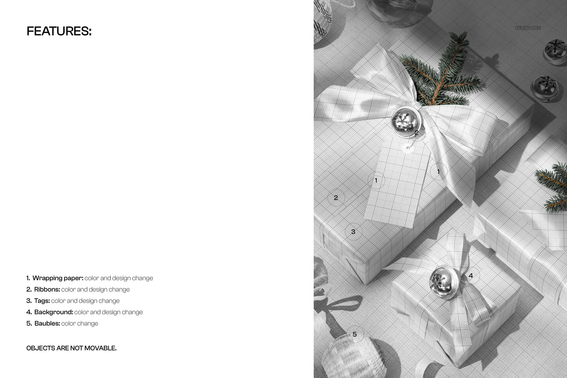 PSD mockup showing several Christmas gift boxes with white wrapping, satin bows, silver bells, and pine branches.