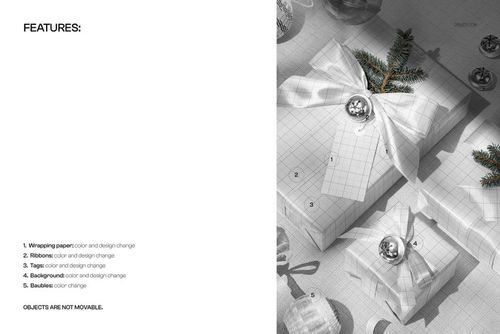 PSD mockup showing several Christmas gift boxes with white wrapping, satin bows, silver bells, and pine branches.