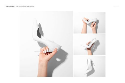 White high heel shoes mockup shown from multiple angles, including a hand holding the shoe against a bright background.