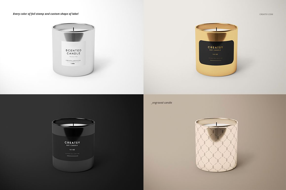 Four metallic candles displayed in a grid layout, each with a different finish and custom label, shown from the front.