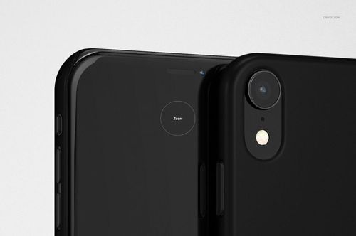 Matte black iPhone XR snap case mockup showing two phones from a close-up angled view against a light background.