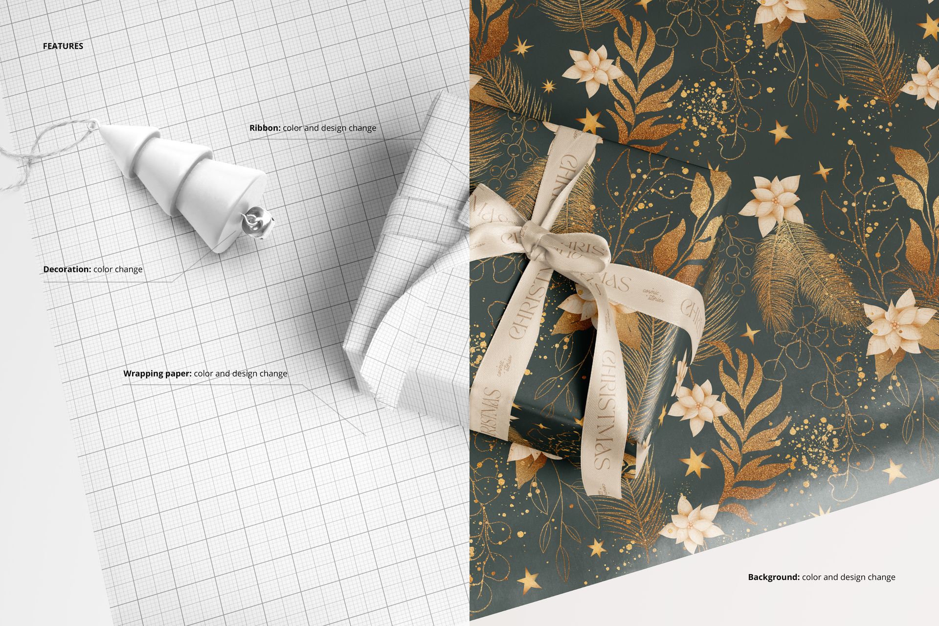 Gift wrapping paper mockup featuring a wrapped box with floral and pine patterns, ribbon, and a decorative tree, shown from a top view.