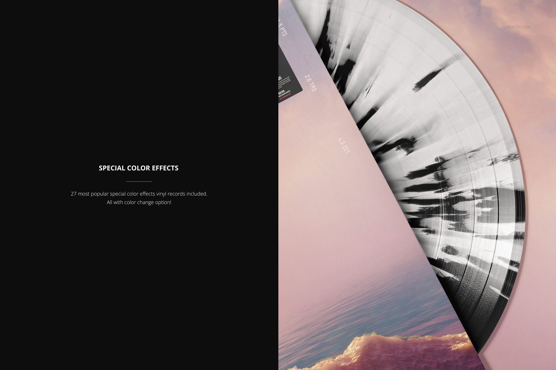 PSD mockup of a vinyl record with artistic black and white effects, viewed from above against a dreamy landscape.