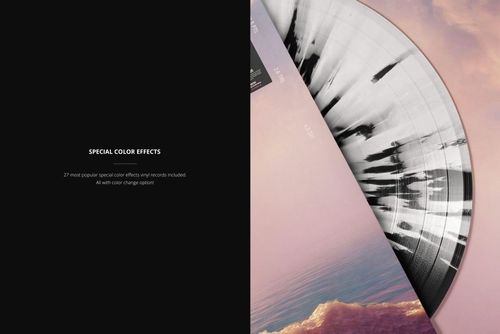 PSD mockup of a vinyl record with artistic black and white effects, viewed from above against a dreamy landscape.
