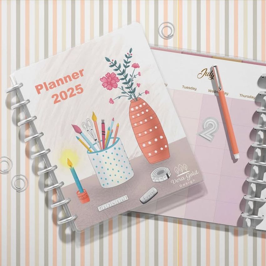 Two spiral-bound planner mockups seen from above, featuring pastel colors, a flower vase graphic, and a visible monthly calendar page.