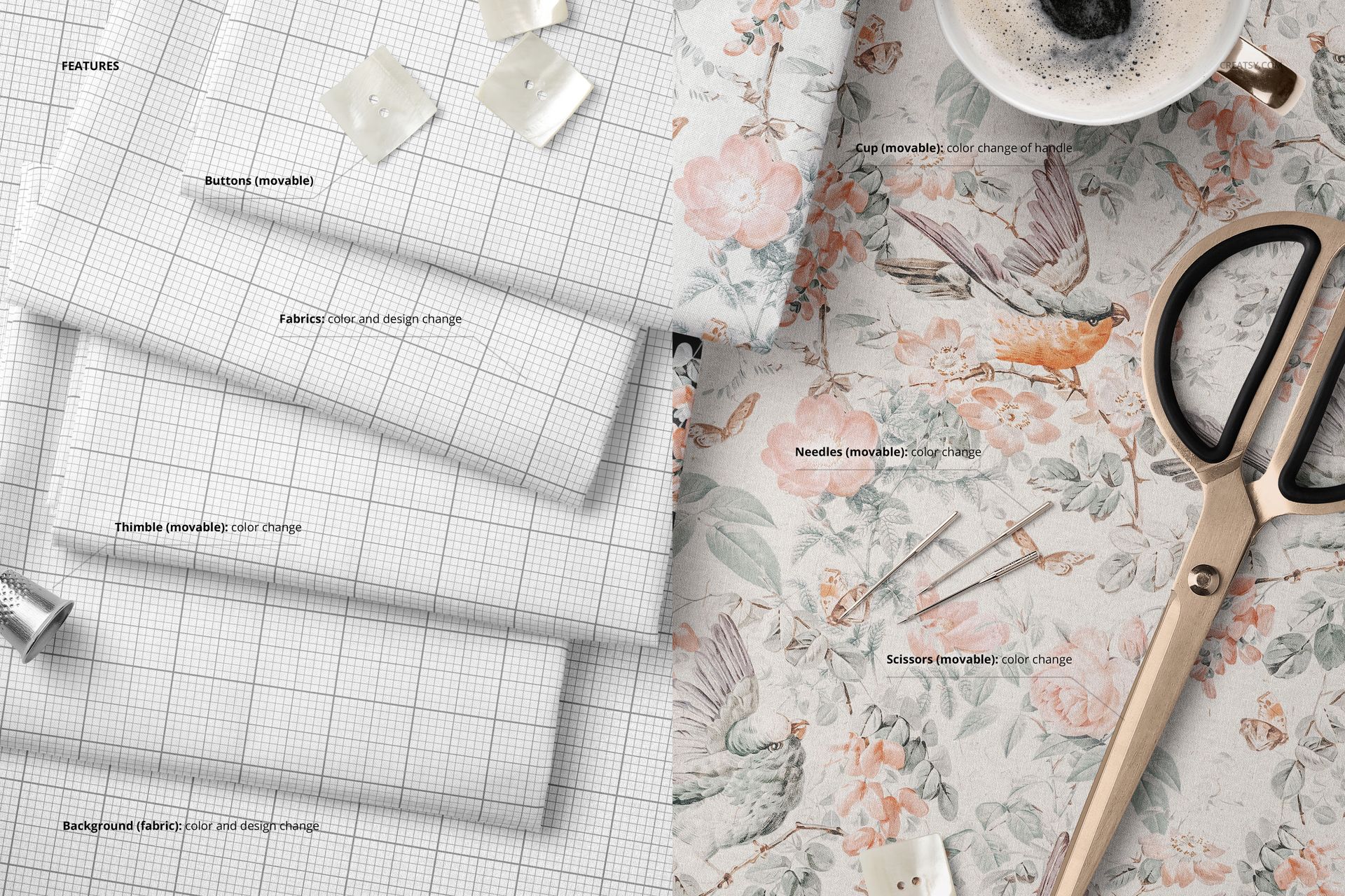 Folded fabric mockup with grid and floral patterns, accompanied by sewing accessories like scissors, needles, and a coffee cup.