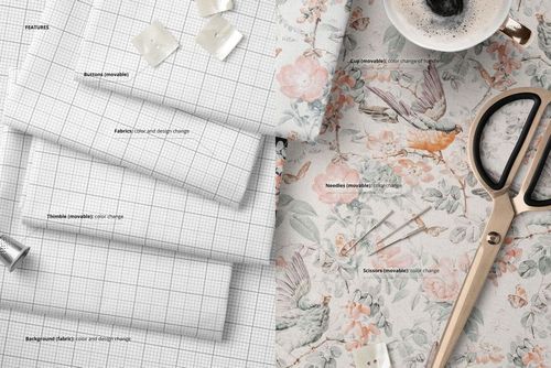 Folded fabric mockup with grid and floral patterns, accompanied by sewing accessories like scissors, needles, and a coffee cup.