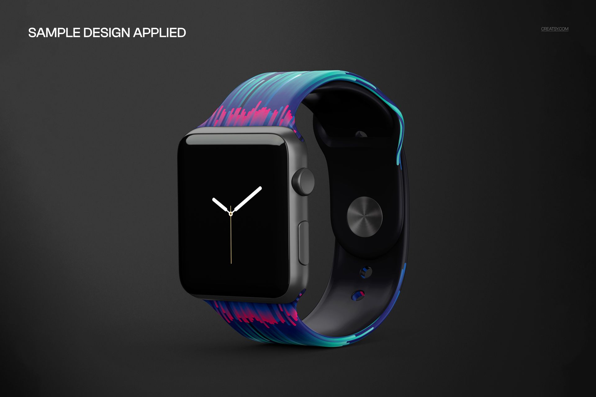 Apple Watch band mockup featuring a dark watch face and a colorful abstract band, shown in front view on a dark background.
