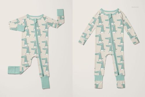 Zip up baby pajama mockup with light cream base, teal cuffs, and playful zigzag animal pattern, shown front and back.