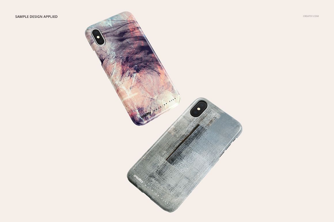 Mockup of two iPhone X cases with artistic abstract patterns, shown from a top angle on a plain white surface.