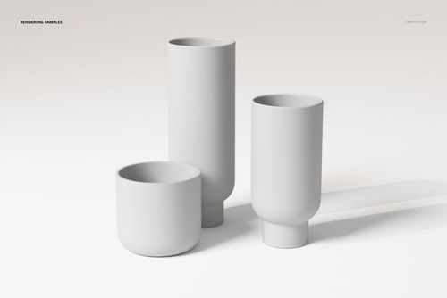 Three stoneware vases in matte white, featuring cylindrical and rounded shapes, arranged on a plain light background.