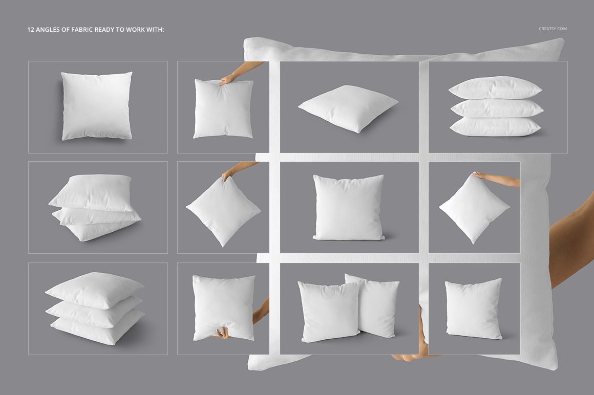 PSD mockup featuring white throw pillows in assorted positions, highlighting fabric details and realistic shadows.