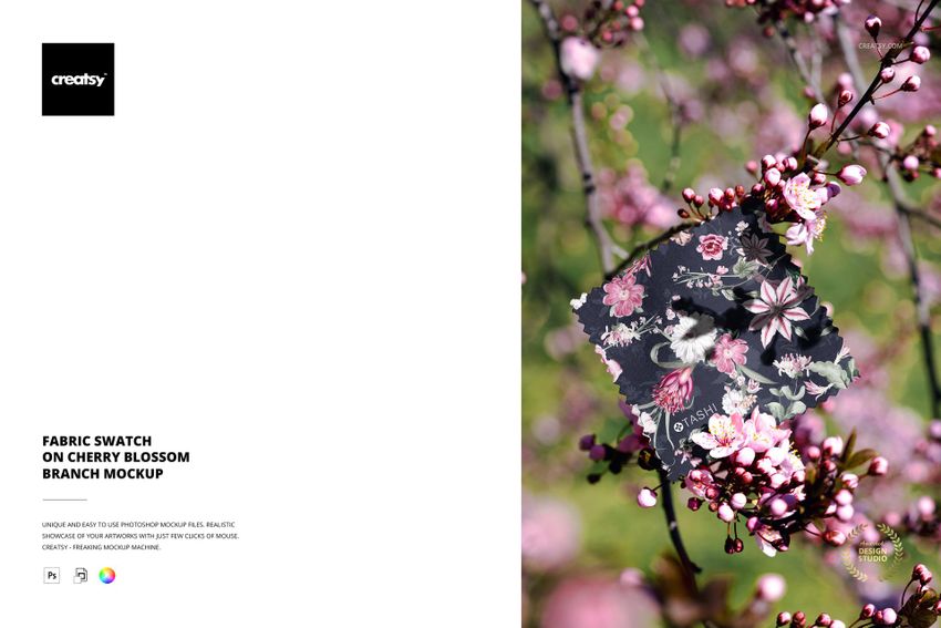 Fabric Swatch on Cherry Blossom Branch Mockup - mockup screenshot 1