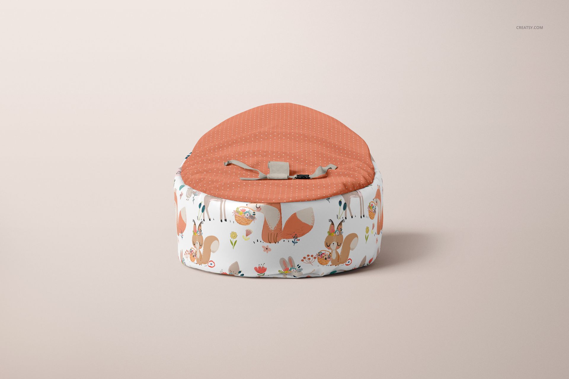 Baby bean bag mockup featuring an orange textured seat and playful animal illustrations around the base, front perspective.