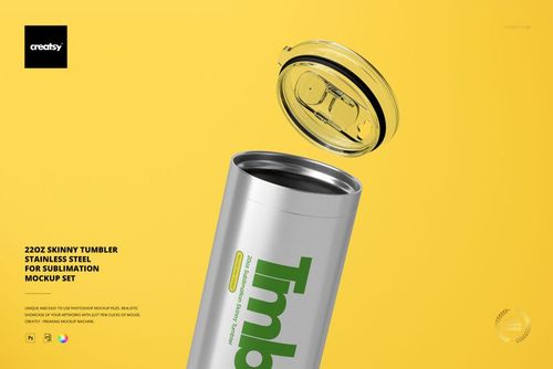 22oz stainless steel tumbler mockup with removable transparent lid displayed on a bright yellow backdrop.