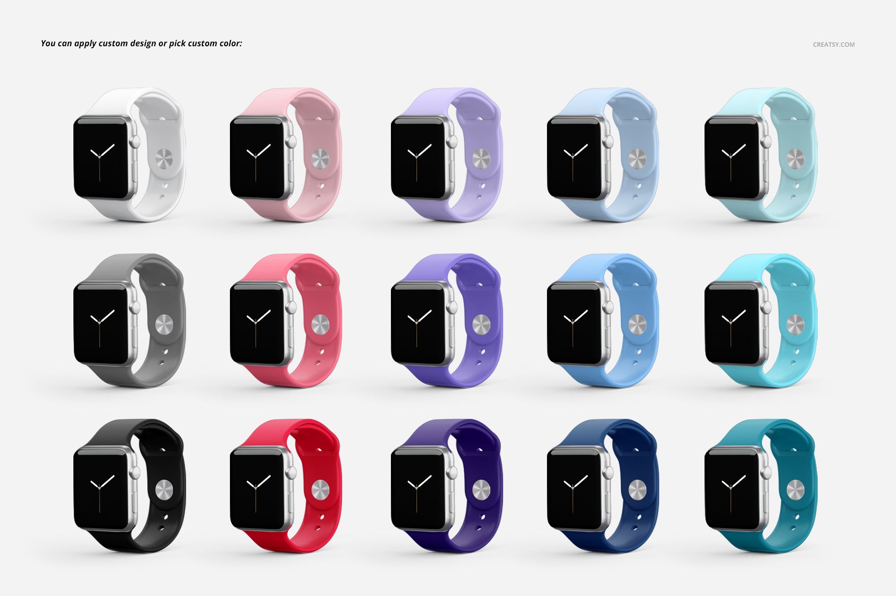 Apple Watch Band mockup set featuring multiple watches with colorful bands arranged neatly in three rows.