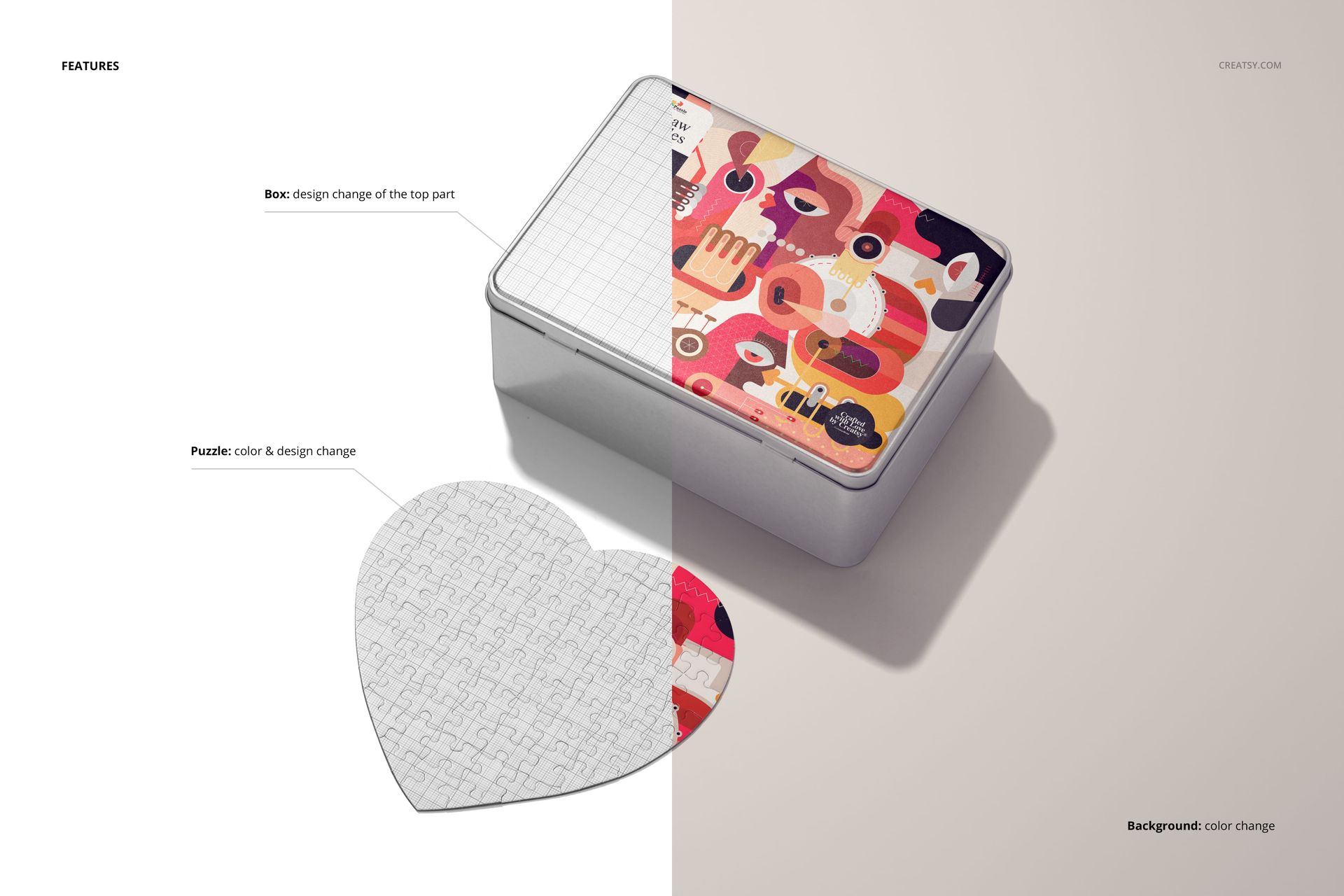 Heart jigsaw puzzle mockup shown with an open metal box displaying a vivid, artistic pattern on the lid, photographed from above.
