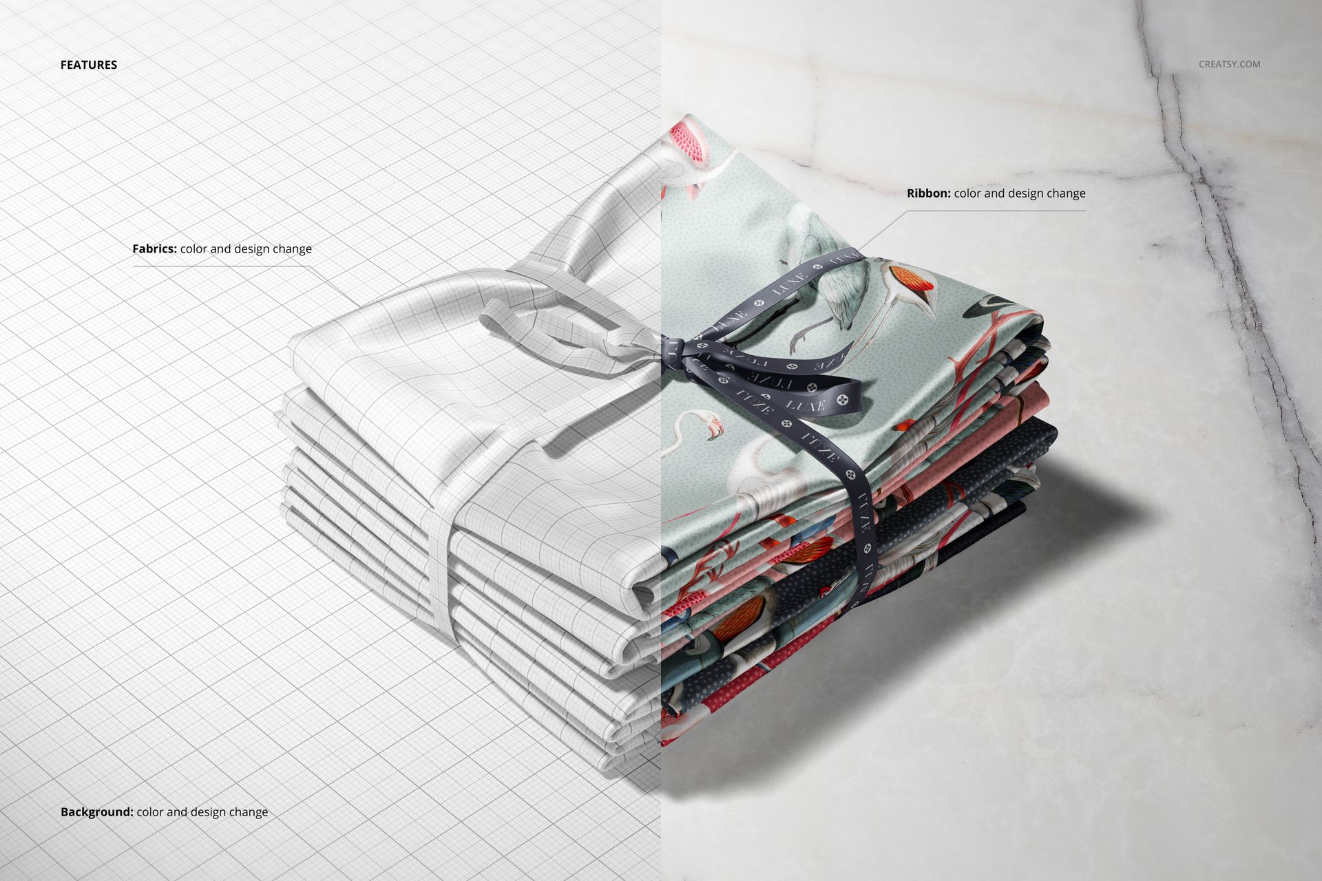 Satin fabric stack mockup featuring folded textiles, split between monochrome and vibrant designs, displayed on a marble background.