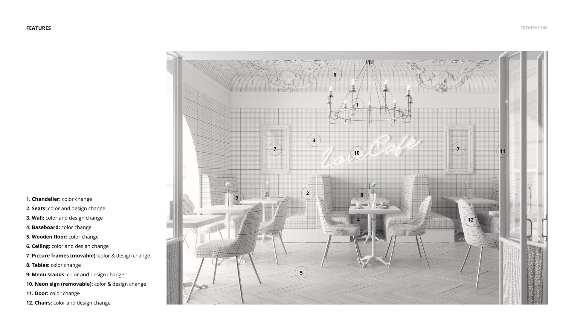 Front view of a cafe interior wallpaper mockup featuring tables, chairs, and a neon wall sign in a bright, neutral setting.