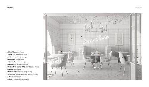 Front view of a cafe interior wallpaper mockup featuring tables, chairs, and a neon wall sign in a bright, neutral setting.