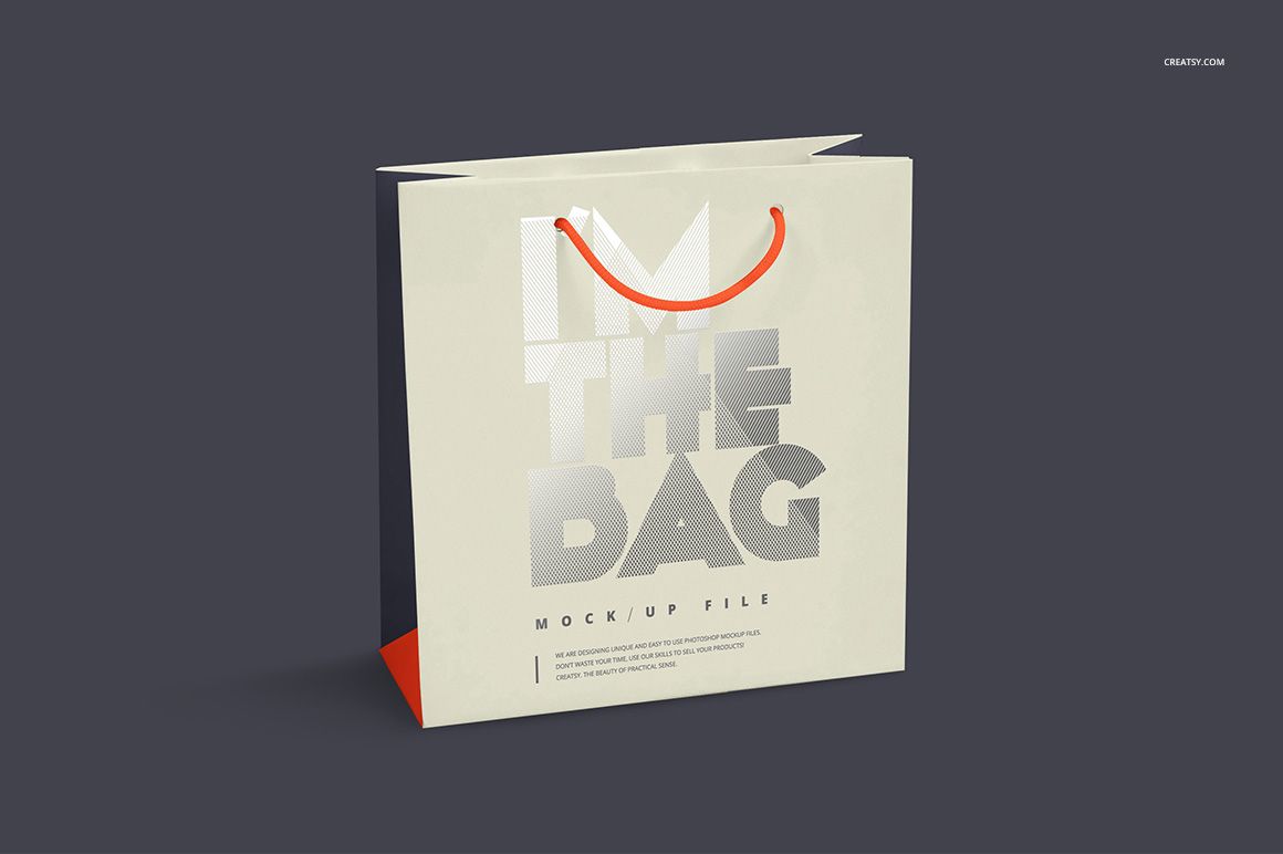 Front view of a paper bag with orange handles, silver foil text, and neutral background, shown in a packaging mockup.