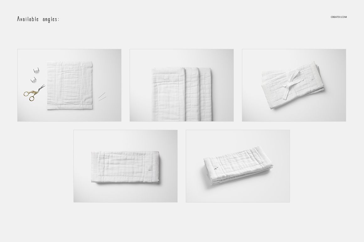 White burp cloth mockup set shown in five different angles, including folded and unfolded views on a plain surface.