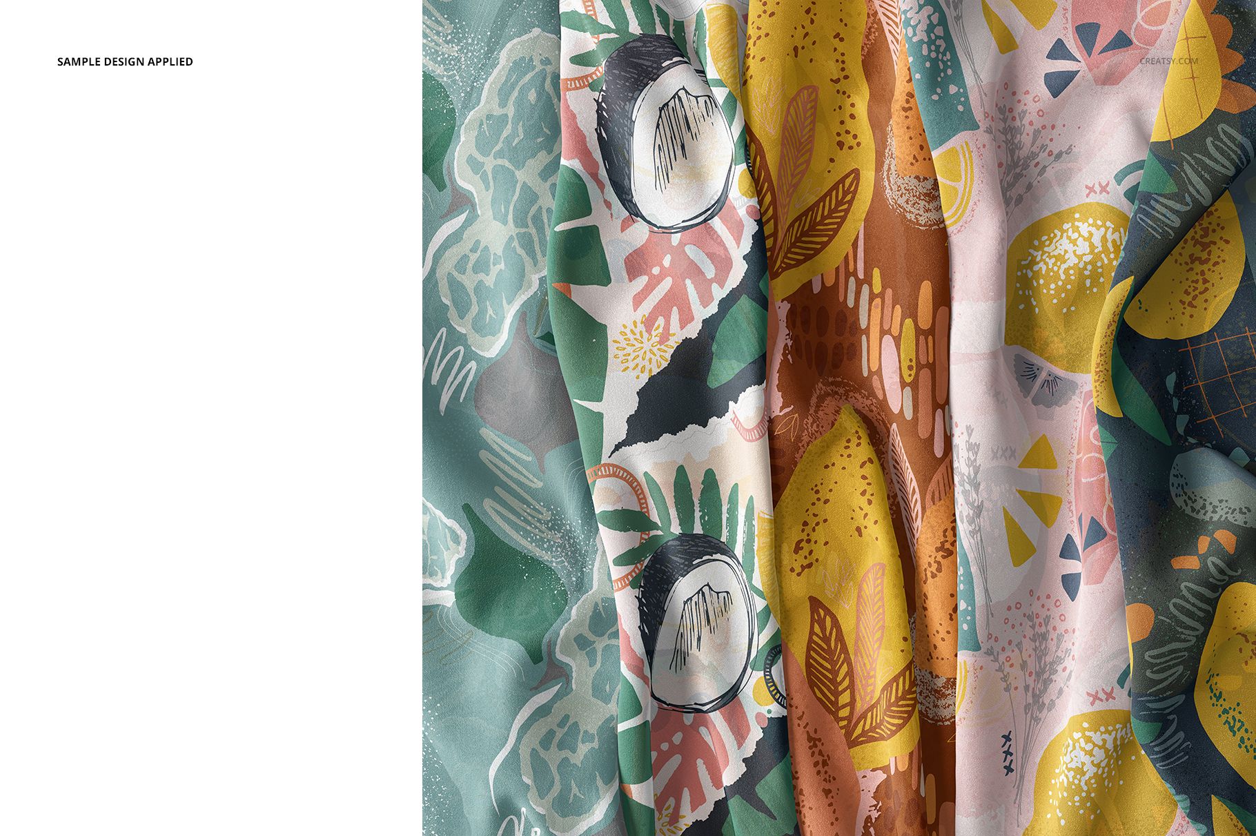 Detailed closeup of silk fabric mockup featuring layered folds and vibrant multicolored designs on textile.