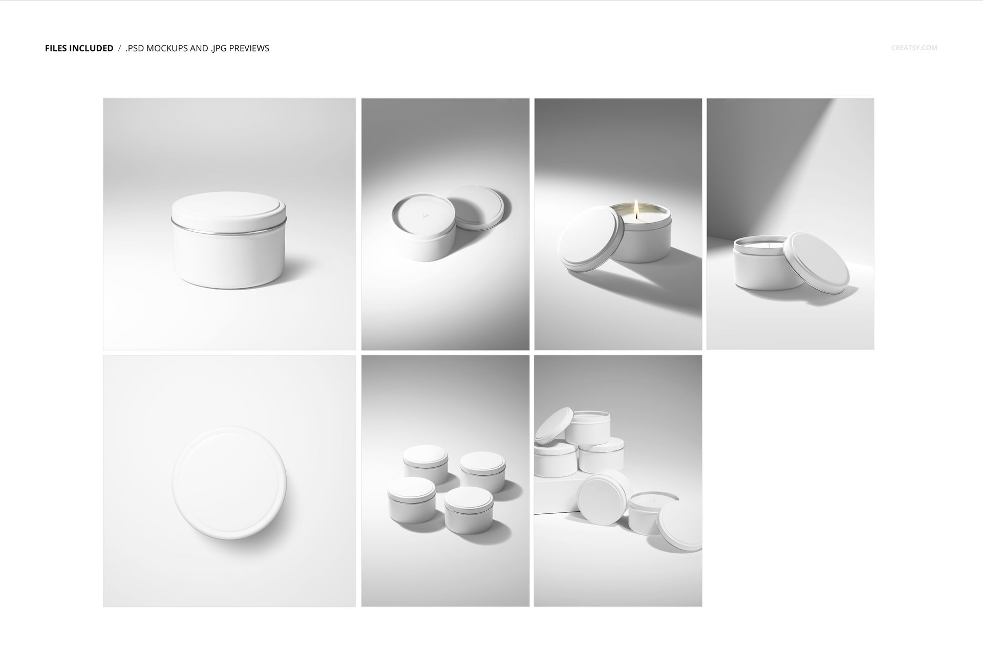 PSD mockup set of round candle tins arranged in single and group layouts, highlighting clean white surfaces and minimal style.