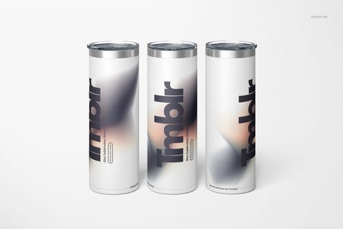 Front view of three powder coated skinny tumblers with stainless steel lids, featuring abstract graphics on a white background.