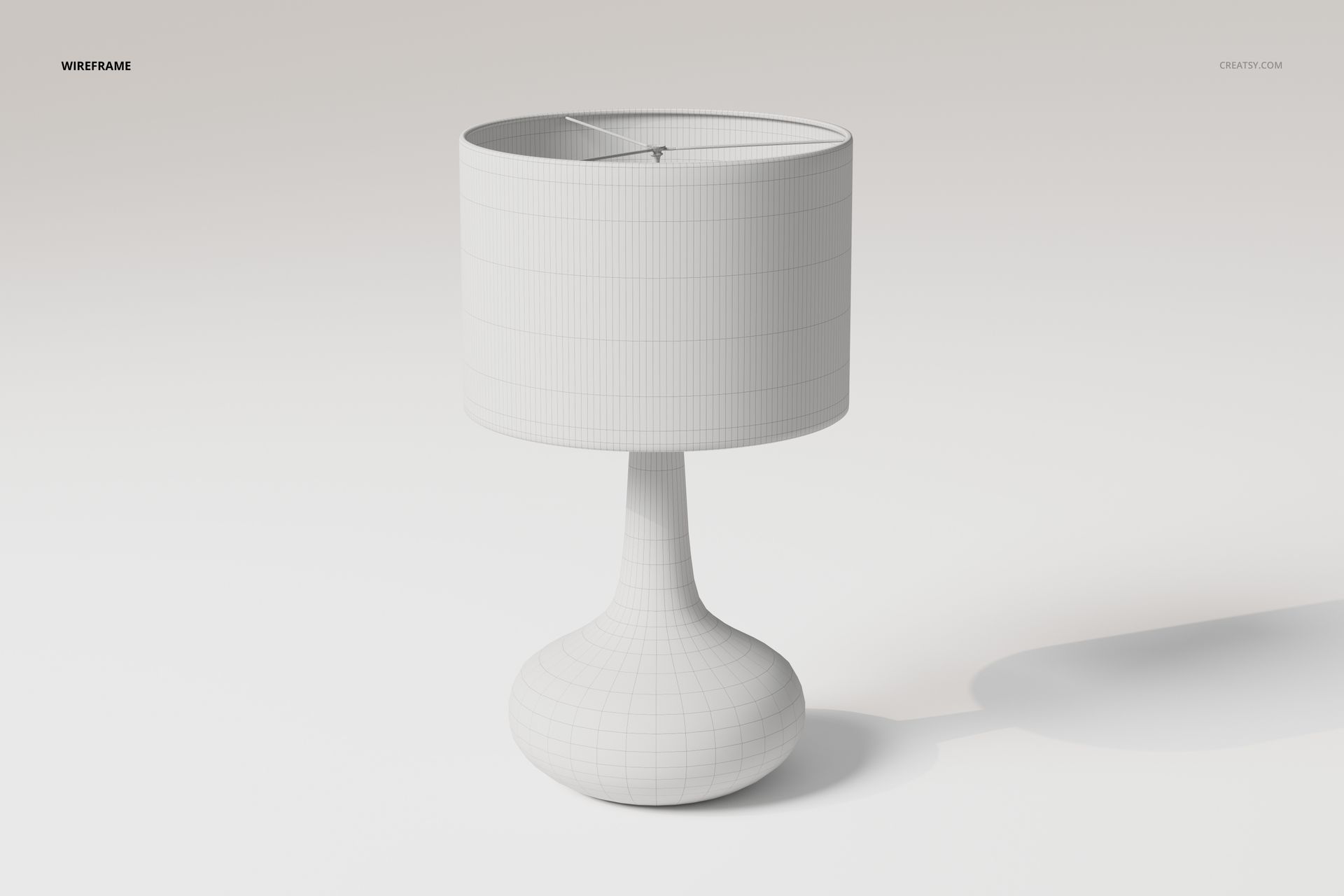 Wireframe bedside table lamp 3D model with a rounded base and cylindrical shade, shown on a plain background.