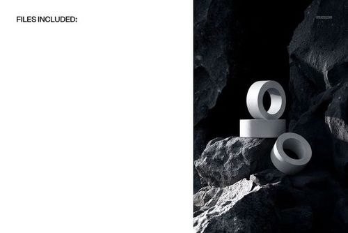 Packaging tape rolls mockup featuring three cylindrical rolls positioned on uneven stone surfaces, side view.