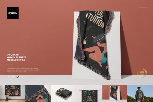 Fringed throw blanket mockup shown hanging against a terracotta wall, decorated with geometric and organic shapes.