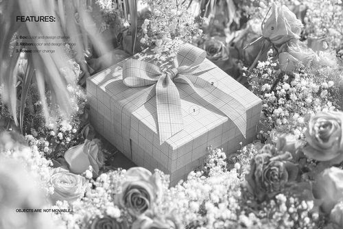 Square packaging box mockup with a bow, nestled among blooming red roses and baby's breath, viewed from above.