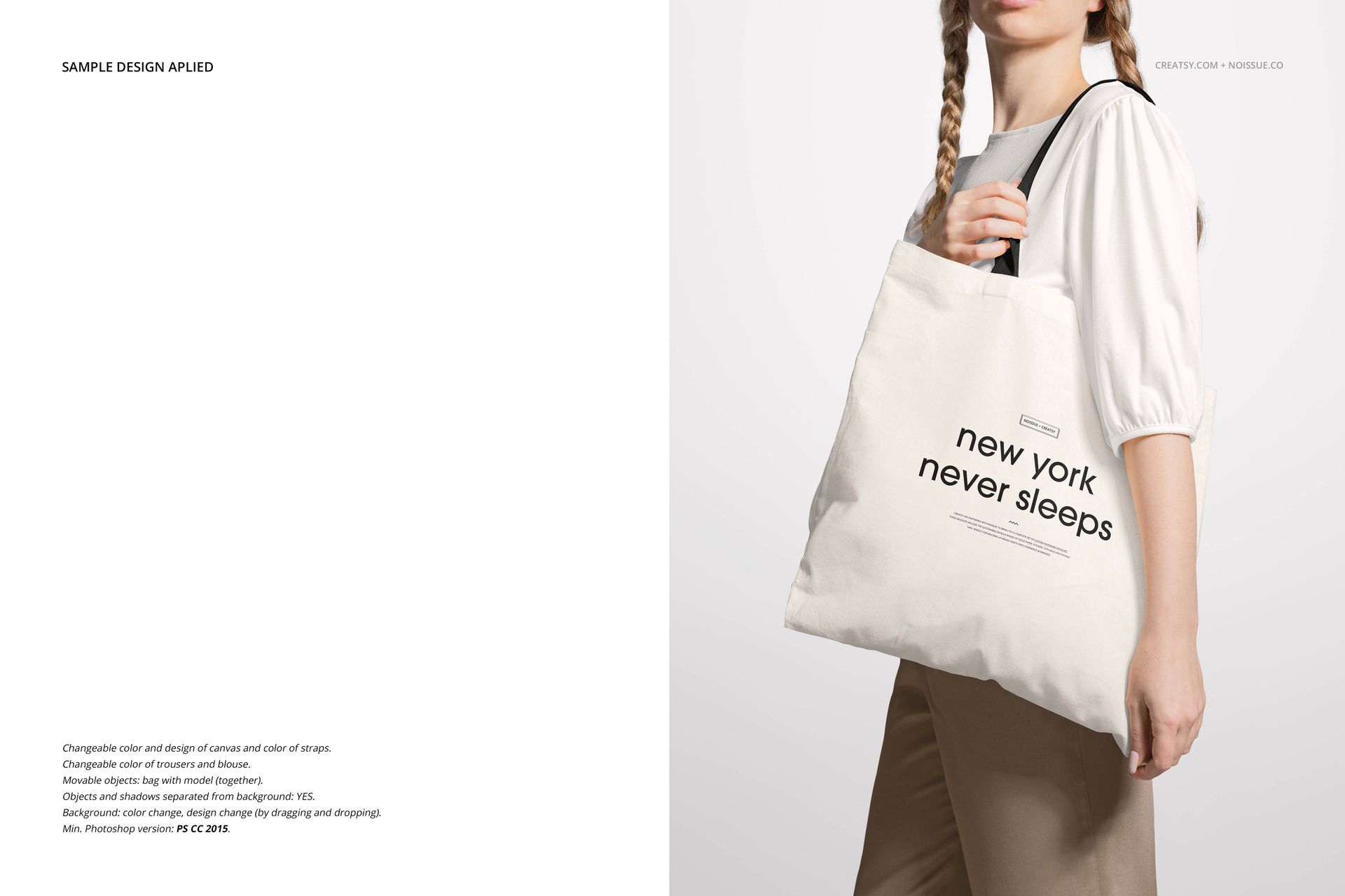 PSD mockup featuring a canvas tote bag with simple black text, modeled by a woman standing in profile.