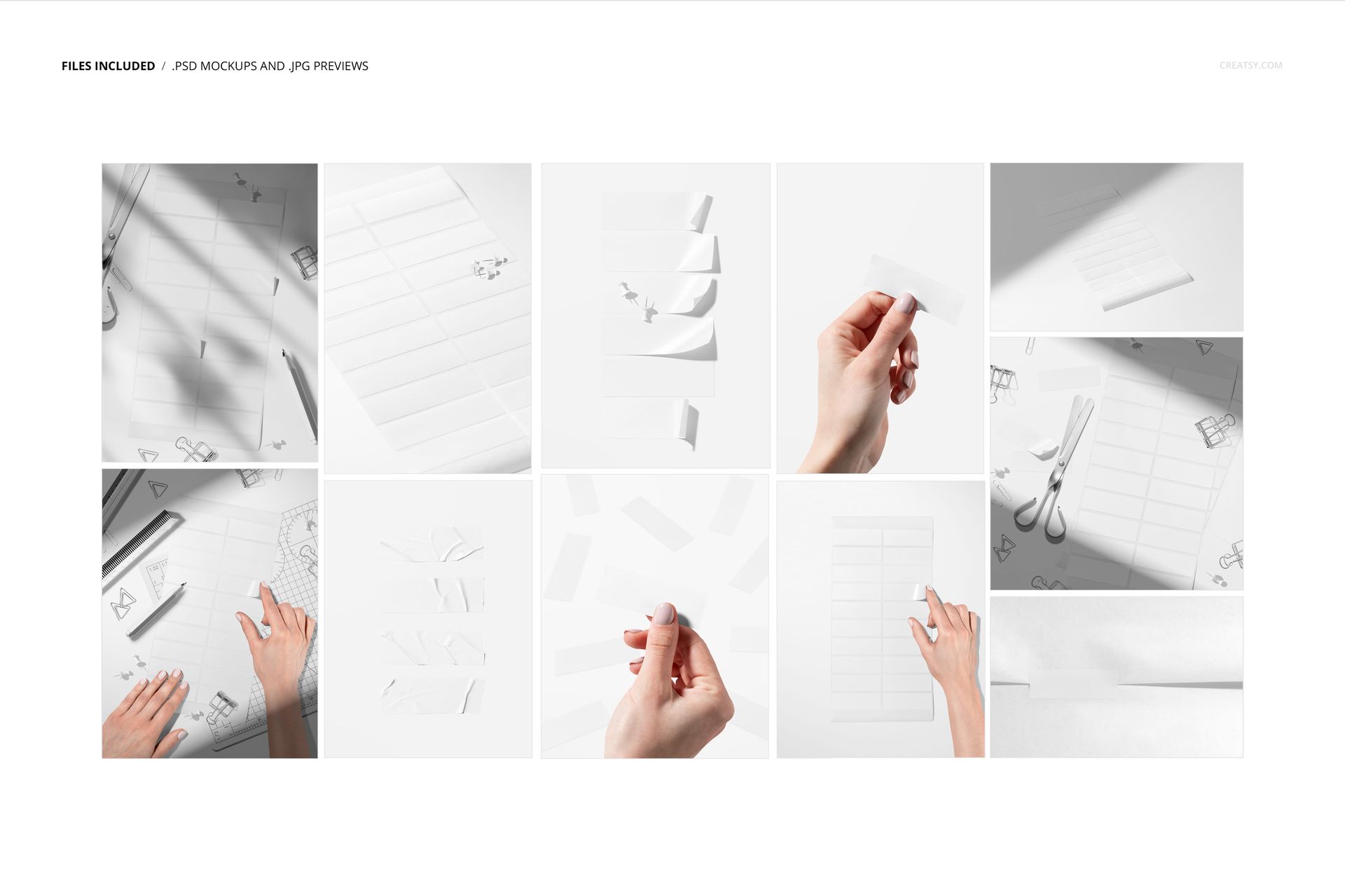 Rectangular stickers mockup set displayed in various arrangements, featuring white stickers on a bright surface.