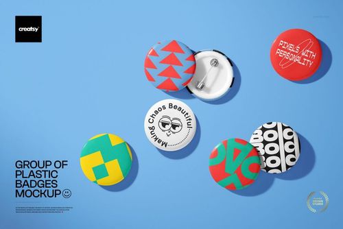Set of plastic badges mockup featuring various bold patterns and typography, displayed on a blue background.