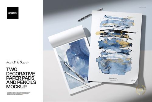 Two Decorative Paper Pads and Pencils Mockup - mockup preview 1