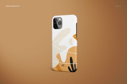 iPhone 11 Pro glossy snap case mockup featuring a modern abstract design in orange, beige, and black, front perspective.