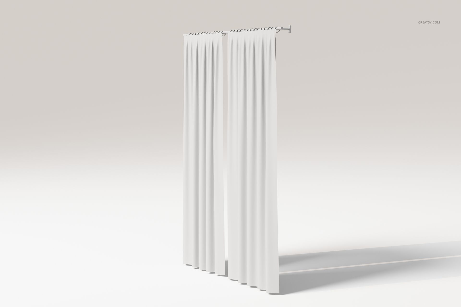 Open double panel curtains in solid white fabric, shown from a front angle against a neutral background with soft shadows.