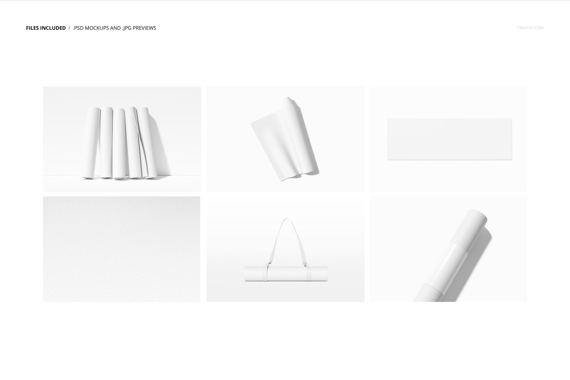 Set of yoga mat mockup images showing rolled, partially unrolled, and flat mats in white on a plain background.