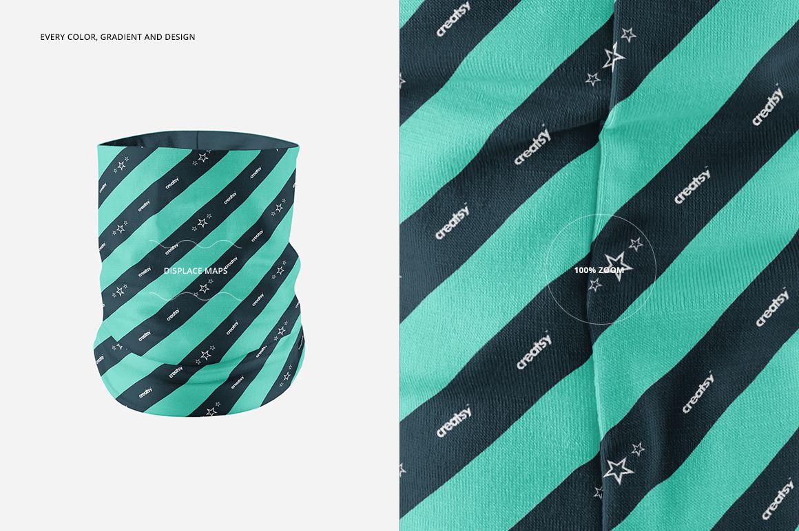 PSD mockup of a neck gaiter displaying bold teal and green stripes, star patterns, and text elements in two perspectives.
