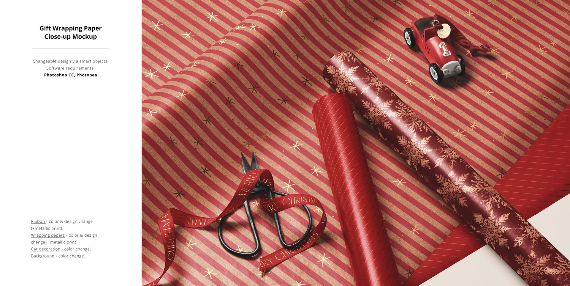 Christmas-themed gift wrapping paper mockup featuring red and gold patterns, scissors, ribbon, and a toy car in a close-up view.