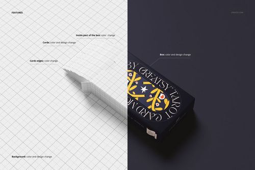 Front view of a tarot cards box mockup, half on a grid background and half on a dark surface, showing color and design options.